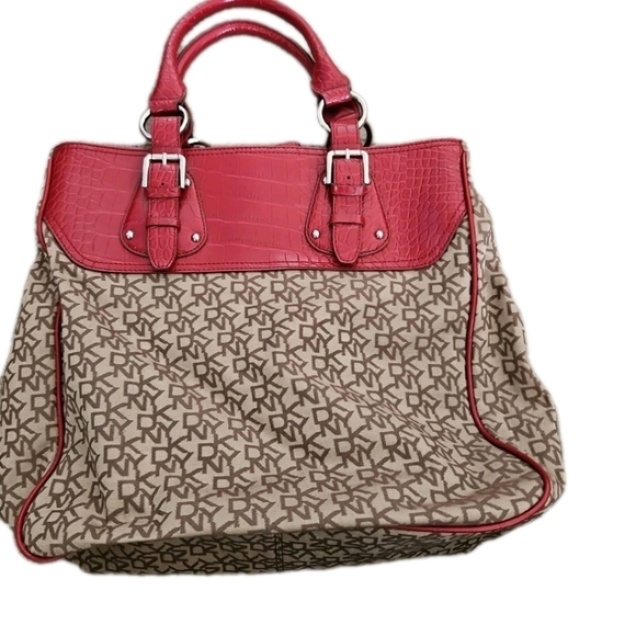 DKNY Jacquard Signature Logo Tote With Red Faux Croc Detail - Picture 2 of 12